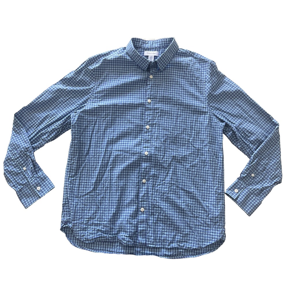 Calvin Klein Men's Size L The Cotton-Cashmere Shirt Blue Check Long Sleeve Modal